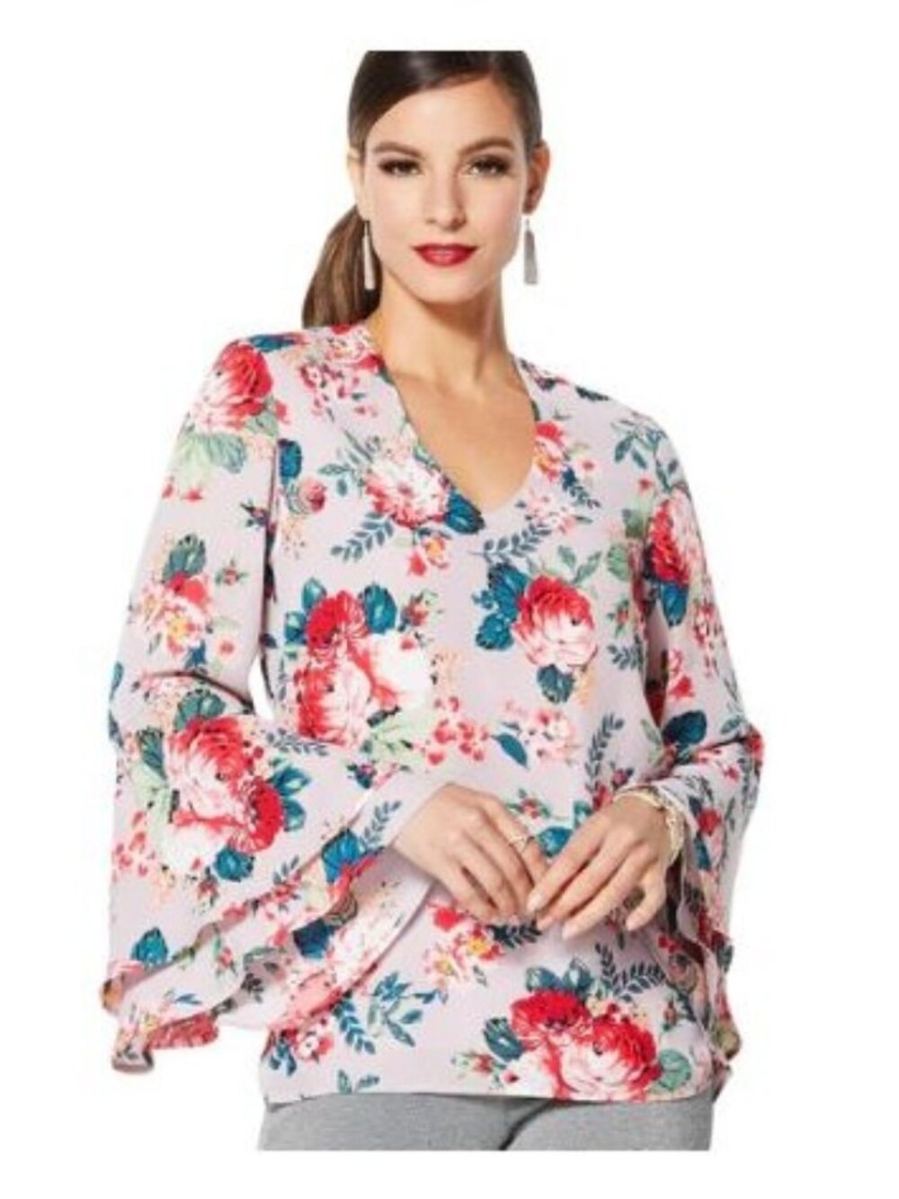 Floral Bell-Sleeve V-Neck Blouse By IMAN Light Pink Size L 100% Polyester New Wi